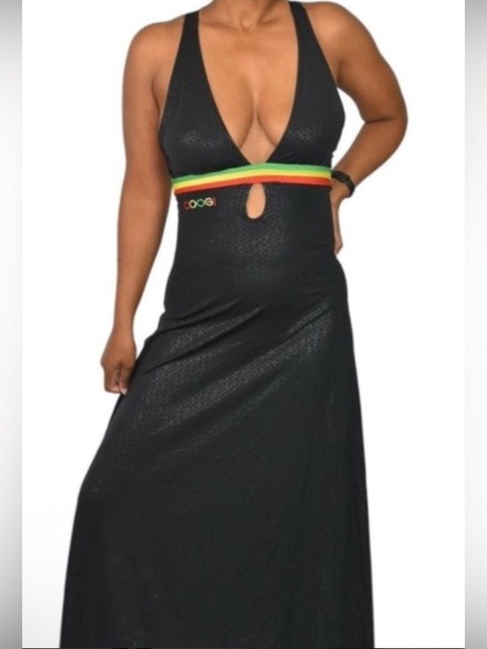 COOGI Dresses & Skirts - COOGI Vintage Y2K Black Halter Maxi Dress With Rasta Inspired Colored Waistband